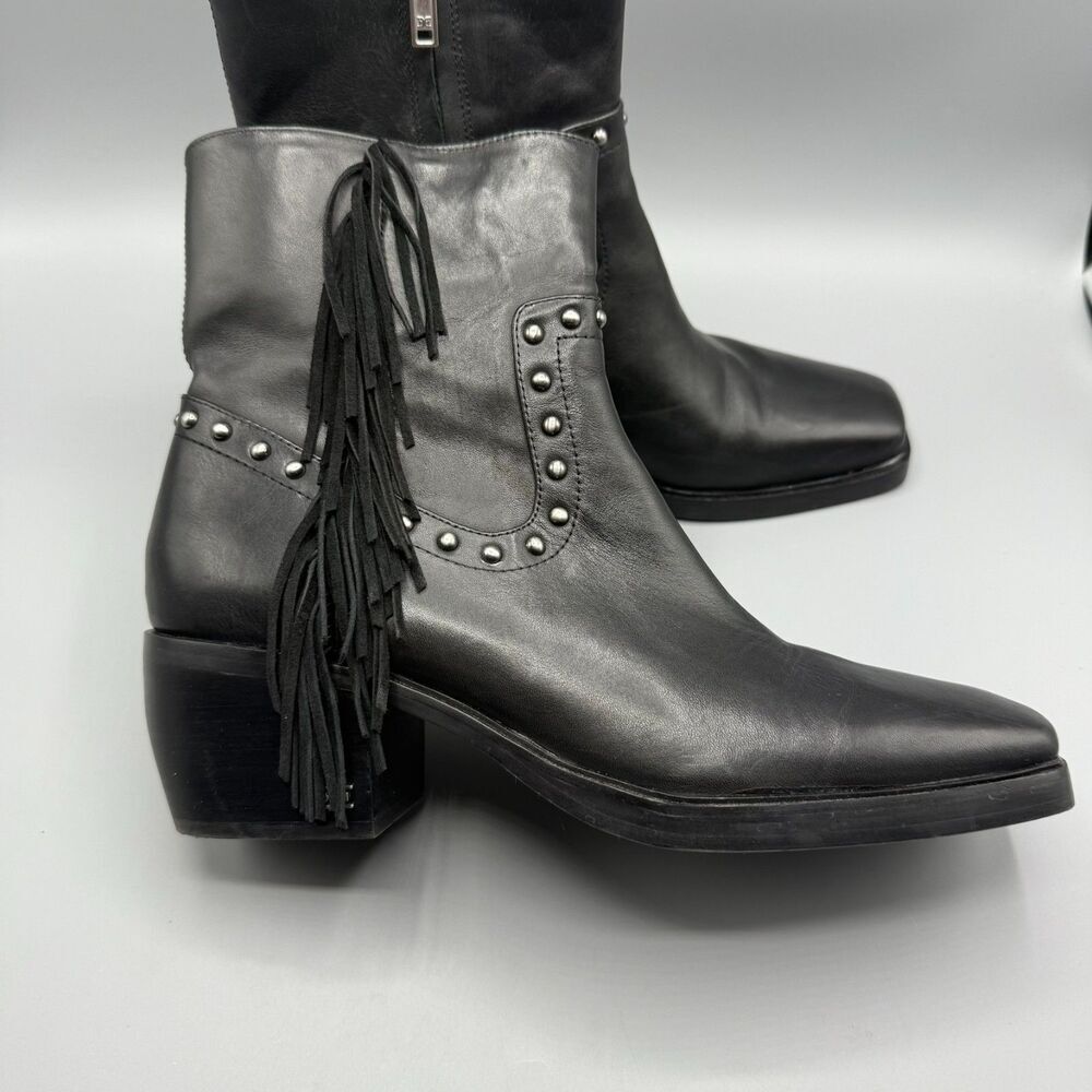 Sam Edelman Black Leather Boot Fringe Stud Bernie Festival Country Size 10 M